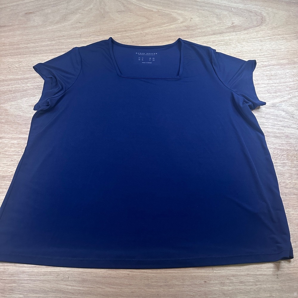 Susan Graver Modern Essentials Top 1X Navy Blue Square Neck Stretch Short Sleeve